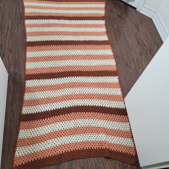 Handmade Crochet Afghan Throw Blanket Multicolored Striped Brown White Orange - Picture 9 of 10